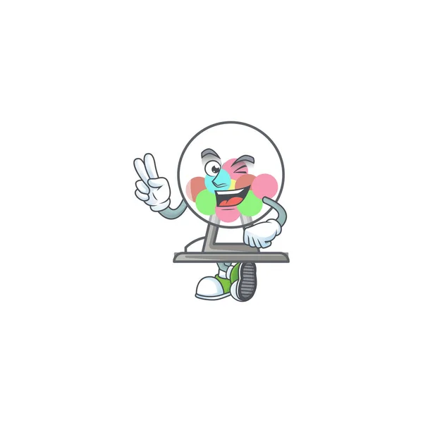 Linda imagen de la mascota de dibujos animados de la bola de la máquina de lotería con dos dedos — Vector de stock