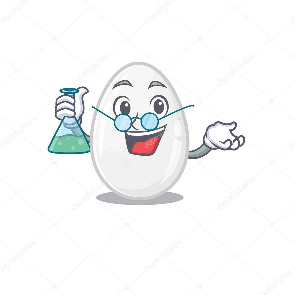 Cool white egg Professor cartoon character with glass tube