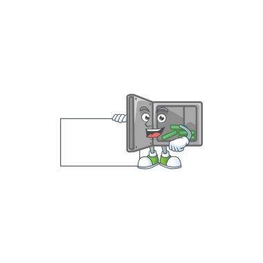 Cute funny security box open cartoon character having a board