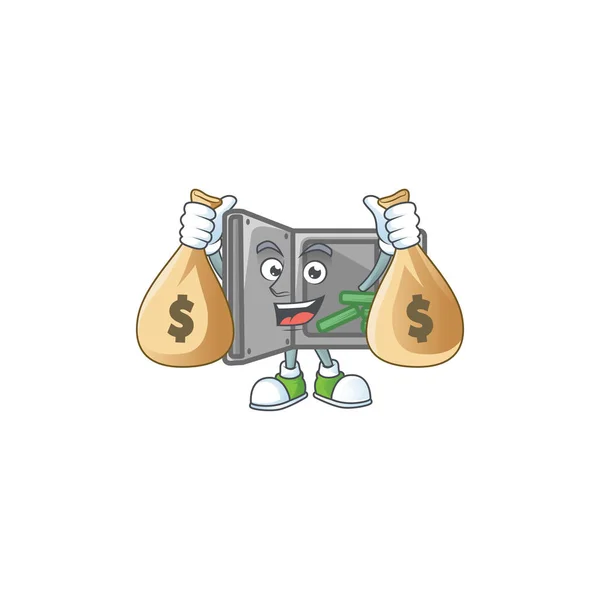 A cute image of security box open cartoon character holding money bags — ストックベクタ