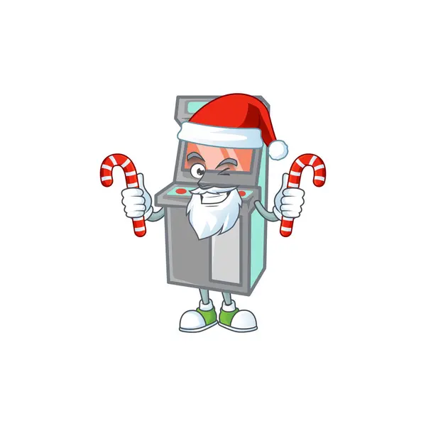 Мультяшный талисман игрового автомата в костюме Санта-Клауса с конфетами — стоковый вектор