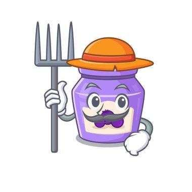 Mutlu Çiftçi yaban mersini reçeli, şapkalı ve aletli karikatür