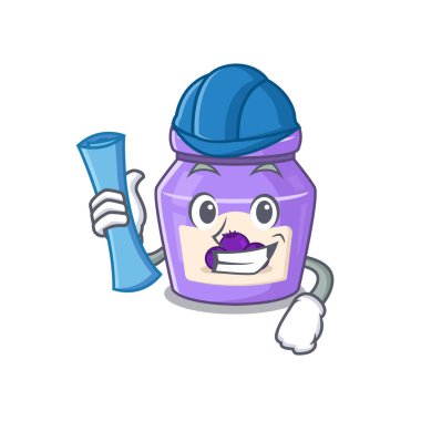 Yaban mersini reçeli Mimarı 'nın başarısı. Mavi baskı ve mavi kaska sahip.