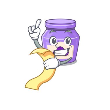 Elinde menü olan komik bir yaban mersini reçeli karakteri.