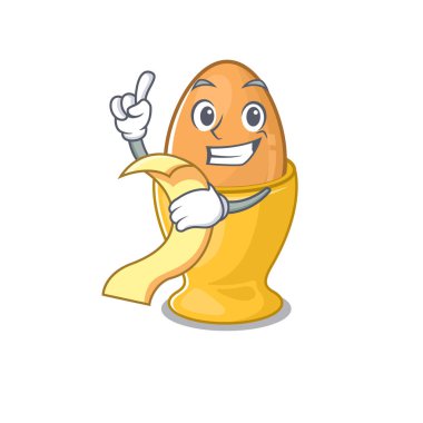 Elinde menü olan komik bir yumurta kabı karakteri.