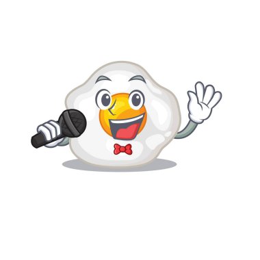 Happy fried egg singing on a microphone