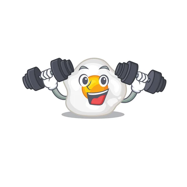 Olahraga kebugaran latihan desain maskot telur goreng menggunakan barbel - Stok Vektor