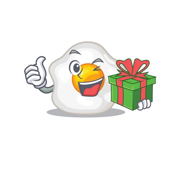 Carácter feliz huevo frito tener una caja de regalo — Vector de stock