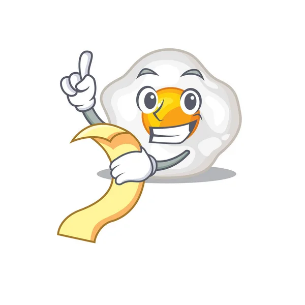 Sebuah karakter kartun lucu telur goreng memegang menu - Stok Vektor