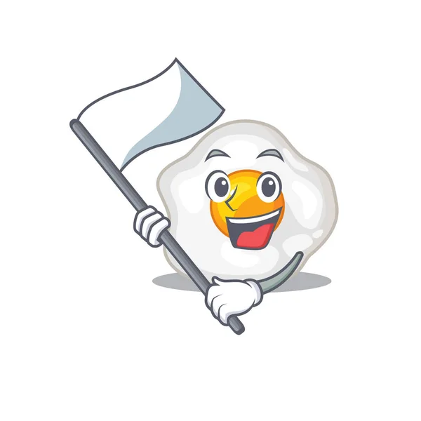 Divertido estilo de dibujos animados huevo frito sosteniendo una bandera de pie — Vector de stock