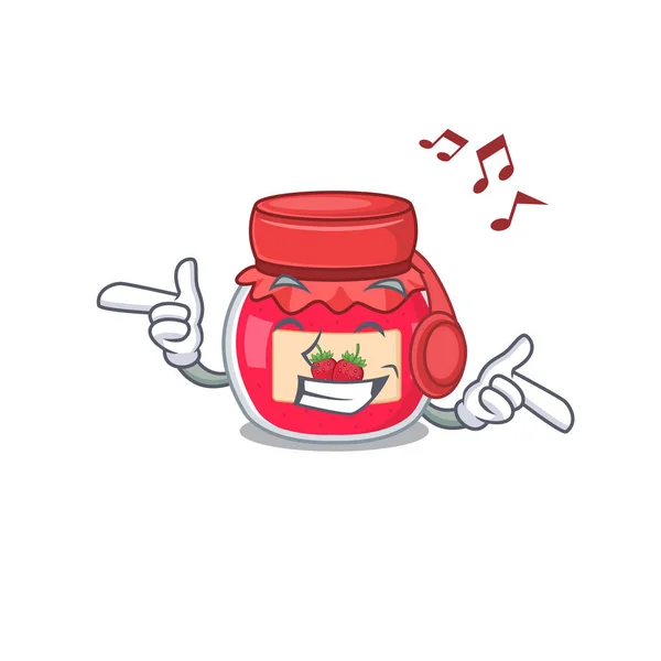 Listening music strawberry jam cartoon character concept — Stock Vector
