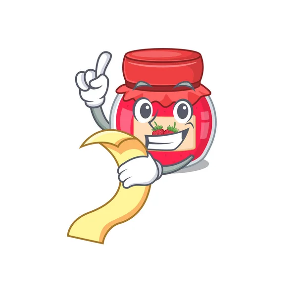 Vtipná kreslená postava jahodové marmelády držící menu — Stockový vektor