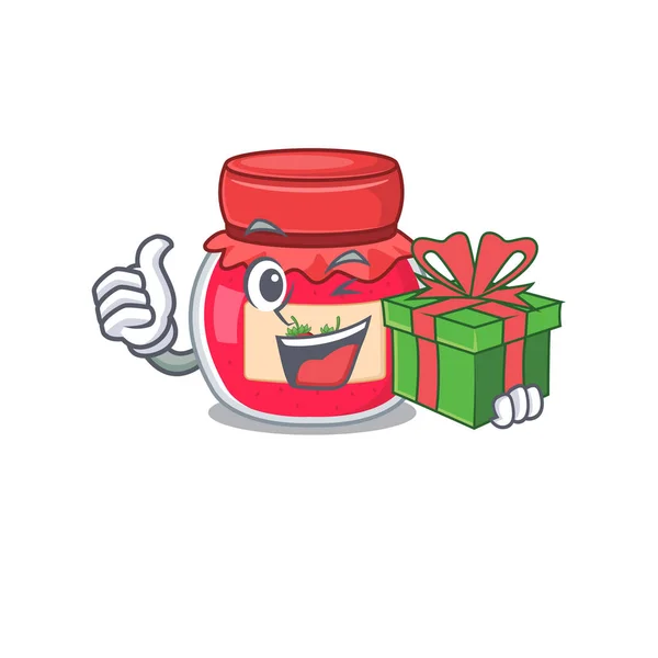 Happy strawberry jam character having a gift box — Stock Vector