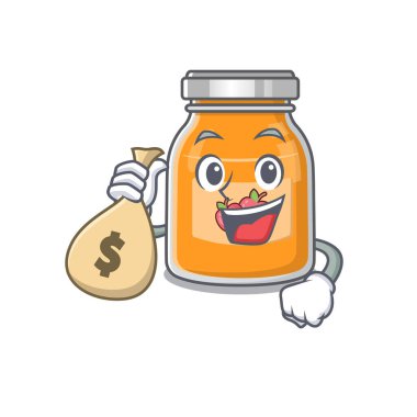 Zengin ve ünlü elma reçeli çizgi film karakteri para çantası tutuyor. Vektör illüstrasyonu