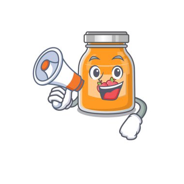 Megafonla konuşan bir elma reçeli maskotu. Vektör illüstrasyonu