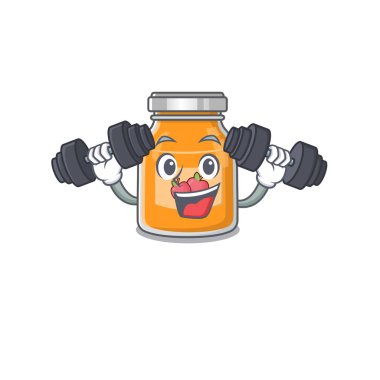 Sportif Fitness elmalı reçel maskot tasarımı için halterleri kullanıyor. Vektör illüstrasyonu