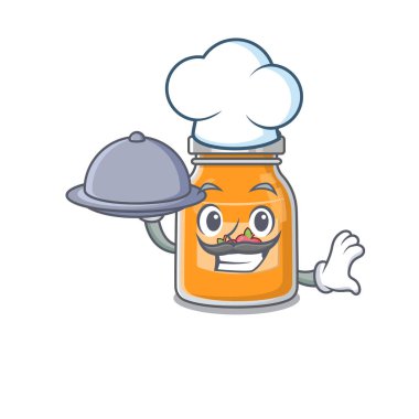 Şefin tepside yemek servisi yaptığı bir elma reçeli resmi. Vektör illüstrasyonu