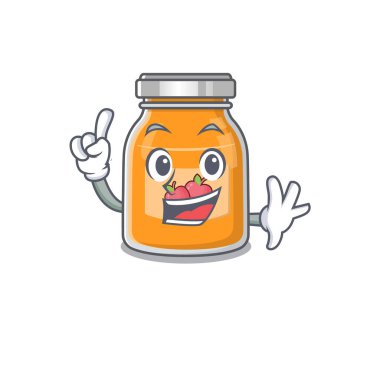 Maskot çizgi film konsepti, bir parmak hareketinde elma reçeli. Vektör illüstrasyonu