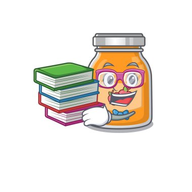 Elma reçeli maskot çizgi filmi kitapla çalışıyor. Vektör illüstrasyonu