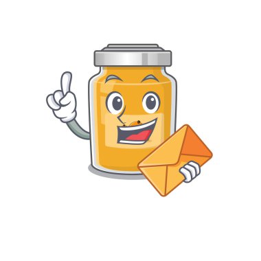 Zarflı mutlu yüz kayısı maskotu tasarımı. Vektör illüstrasyonu