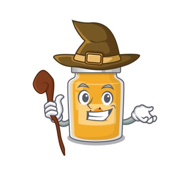 Bir cadı olarak yapılan bir kayısı maskotu konsepti. Vektör illüstrasyonu