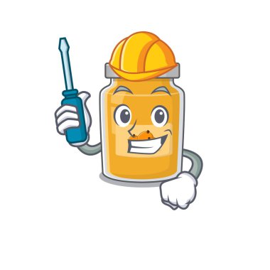 Çizgi film karakteri tarzı kayısı otomotiv olarak çalışıyor. Vektör illüstrasyonu