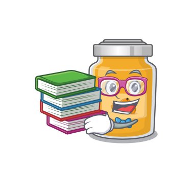 Kayısı maskotu çizgi filmi kitapla çalışıyor. Vektör illüstrasyonu