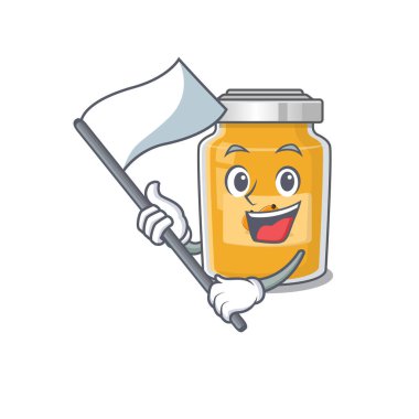 Ayakta duran bir bayrak taşıyan komik kayısı çizgi film karakteri tarzı. Vektör illüstrasyonu