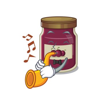 Trompet çalan erik reçeli maskotu tasarımı. Vektör illüstrasyonu