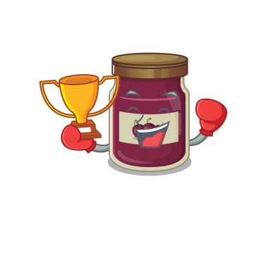 Maskot çizgi film dizaynında erik reçeli kazanan harika bir boks şampiyonu. Vektör illüstrasyonu