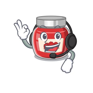 Kulaklık takarak mutlu ahududu reçeli maskotu tasarımı. Vektör illüstrasyonu