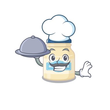 Şefin tepside yemek servisi yaptığı bir mayonez resmi. Vektör illüstrasyonu