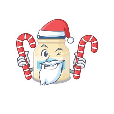 Noel Baba kostümü giyen mayonez çizgi film karakteri şeker getiriyor. Vektör illüstrasyonu