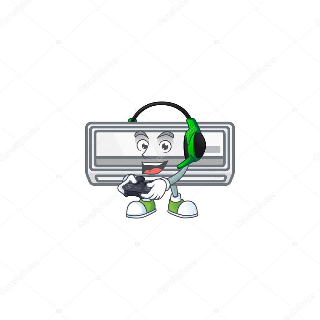 Air conditioner cartoon picture play a game with headphone and controller. Vector illustration