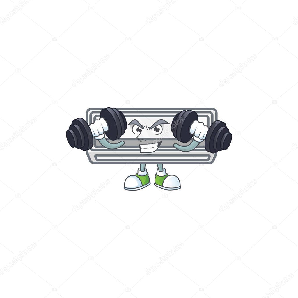 Air conditioner mascot icon on fitness exercise trying barbells. Vector illustration
