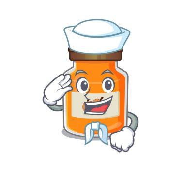 Şeftali reçeli çizgi film konsepti denizci şapkası takıyor. Vektör illüstrasyonu