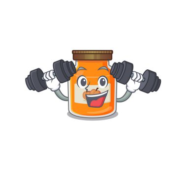 Sportif Fitness egzersiz şeftali reçeli maskot tasarımı halterleri kullanıyor. Vektör illüstrasyonu