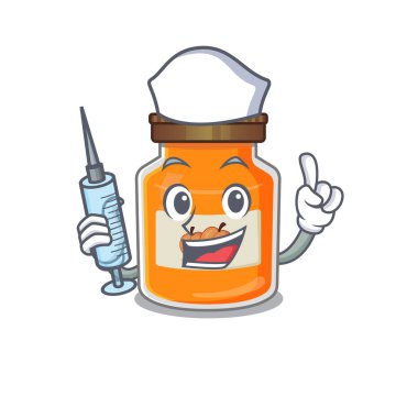 Şeftali reçeli, şırıngalı hemşire karakteri. Vektör illüstrasyonu