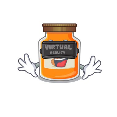 Sanal gerçeklik kulaklığı takan şeftali reçeli karakteri. Vektör illüstrasyonu