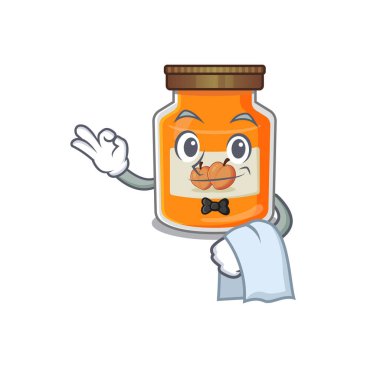 Tatlı şeftali reçeli karakteri garsonluk yapıyor. Vektör illüstrasyonu