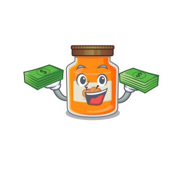 Havalı zengin şeftali reçeli karakteri ellerinde para var. Vektör illüstrasyonu