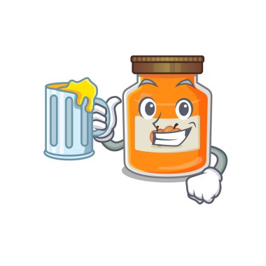 Gülen şeftali reçeli maskot tasarımı ve büyük bir bardak. Vektör illüstrasyonu