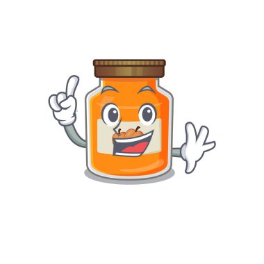 Maskot konsepti şeftali reçeli ve bir parmak hareketi. Vektör illüstrasyonu