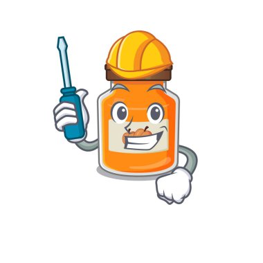 Çizgi film karakteri tarzı şeftali reçeli otomotiv olarak çalışıyor. Vektör illüstrasyonu