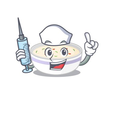 Buharda yumurta pişiren, şırıngalı hemşire karakteri. Vektör illüstrasyonu