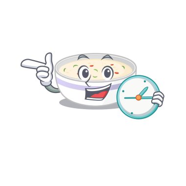 Çizgi film karakteri konsepti yumurtanın saatini buharda pişirdi. Vektör illüstrasyonu