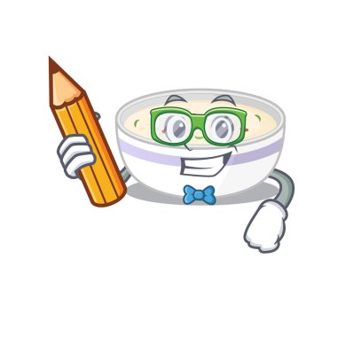 Zeki bir öğrenci elinde kalem tutan yumurta buğulamalı bir karakter. Vektör illüstrasyonu