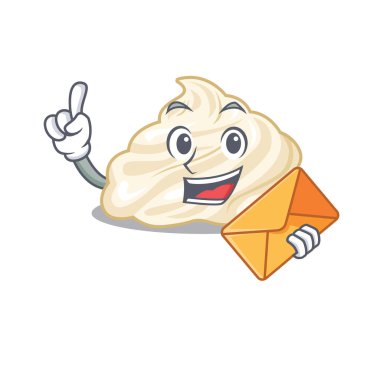 Gülen yüz krem şantili maskot tasarımı ve zarf. Vektör illüstrasyonu