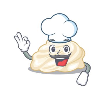 Krem şanti çizgi film karakteri şef olarak çalışıyor ve beyaz şapka takıyor. Vektör illüstrasyonu