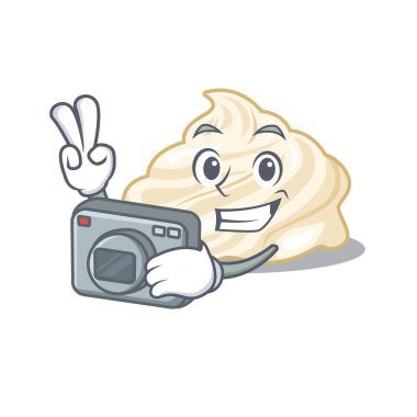 Havalı fotoğrafçı, elinde kamera olan krem şanti karakteri. Vektör illüstrasyonu